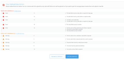 Rows with Warnings WILL be uploaded but may not be properly matched to a platform user.