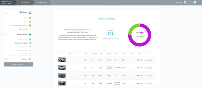 Website Vehicle Feed Confirmation - Onboarding New Clients