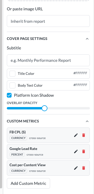 Cover Page Settings panel for styling the report title, subtitle, and platform icons