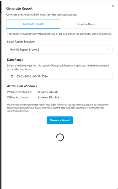 Generate Report panel with template, date range, and attribution window options
