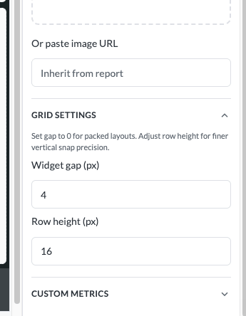Grid Settings panel controlling widget gap and row height spacing