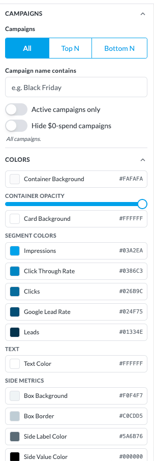 Widget Inspector campaign filter and color styling options