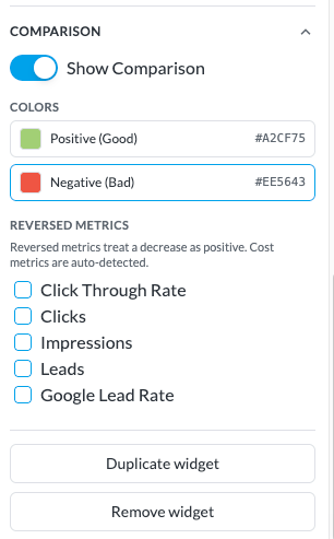 Widget Inspector comparison settings for period-over-period color coding