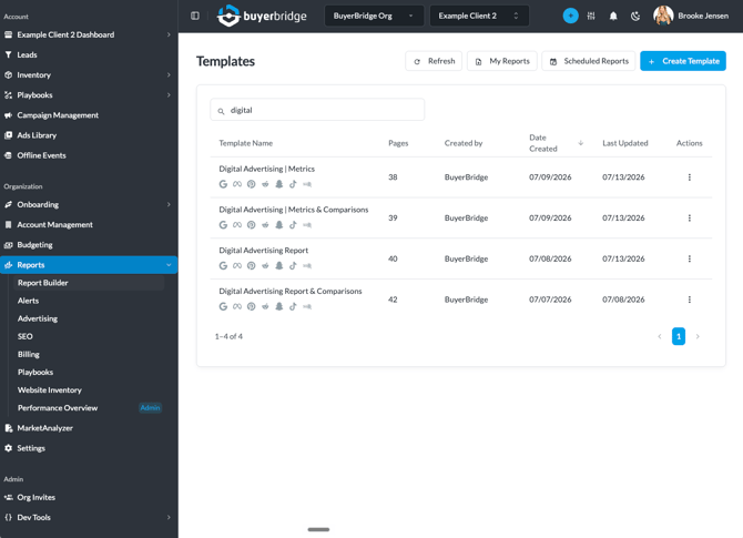 Report Builder Templates screen listing saved report templates with channel icons, page counts, and dates