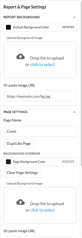 Report and Page Settings panel with background color and image options
