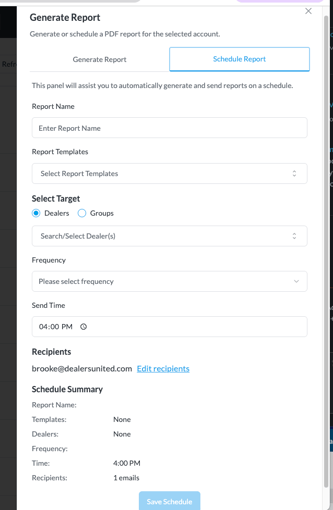 Schedule Report panel for setting recipients, frequency, and send time